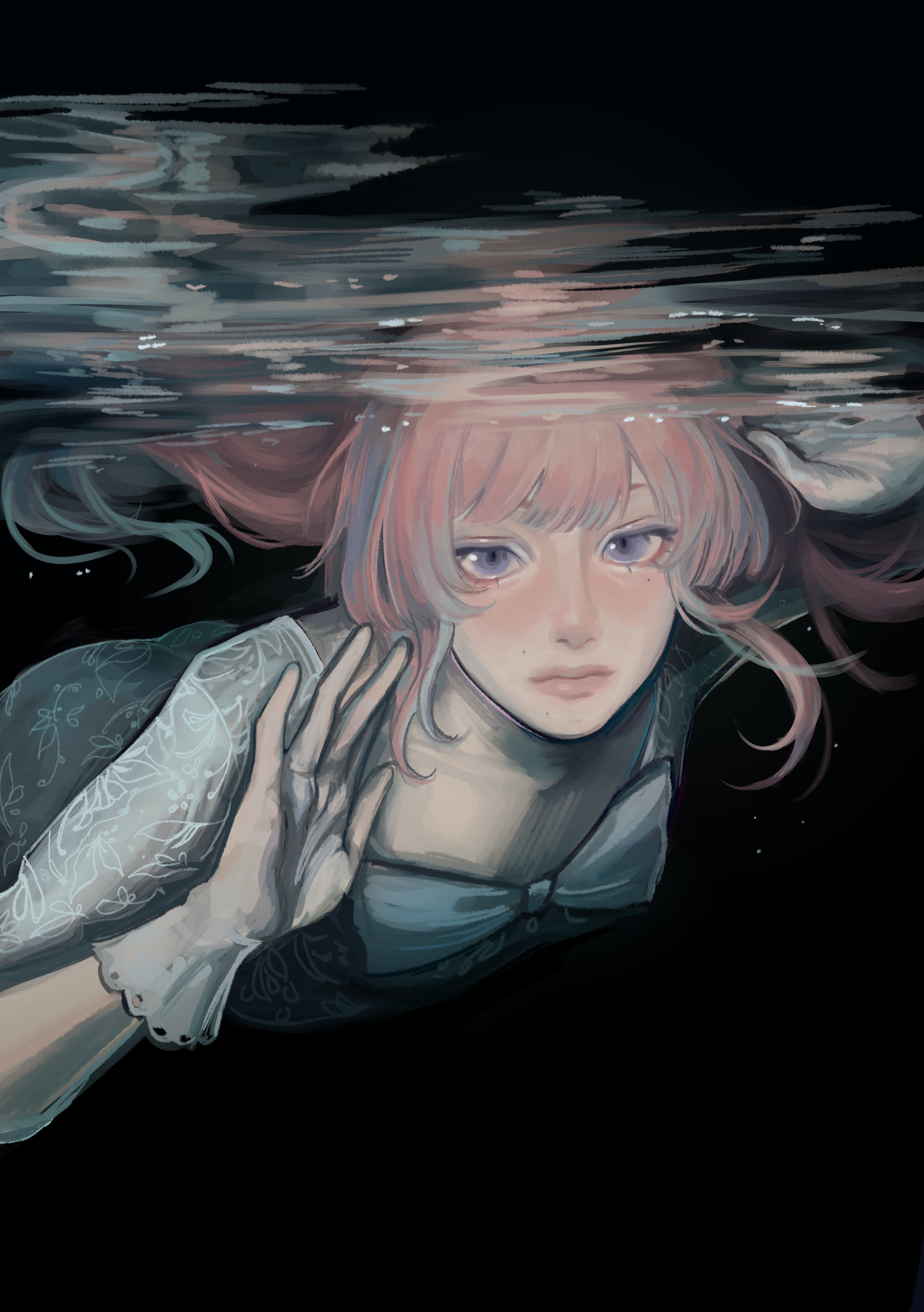 a digital illustration of an anime girl with pink hair and blue eyes, submerged underwater. she is wearing a blue dress with white lace and white gloves. the water is dark and murky, creating a mysterious and fantasylike atmosphere. her expression is calm and contemplative, making her seem mysterious and alluring.