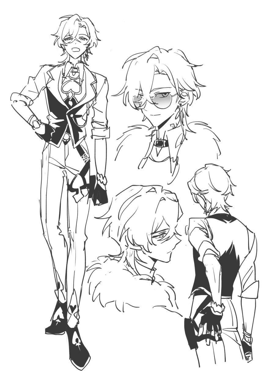 the image shows a black and white anime drawing of a male character in multiple poses. he is wearing a suit with a vest, and in some poses, he has glasses and a fur collar. he also has gloves and boots with heart designs on them. some poses show him in casual wear.
