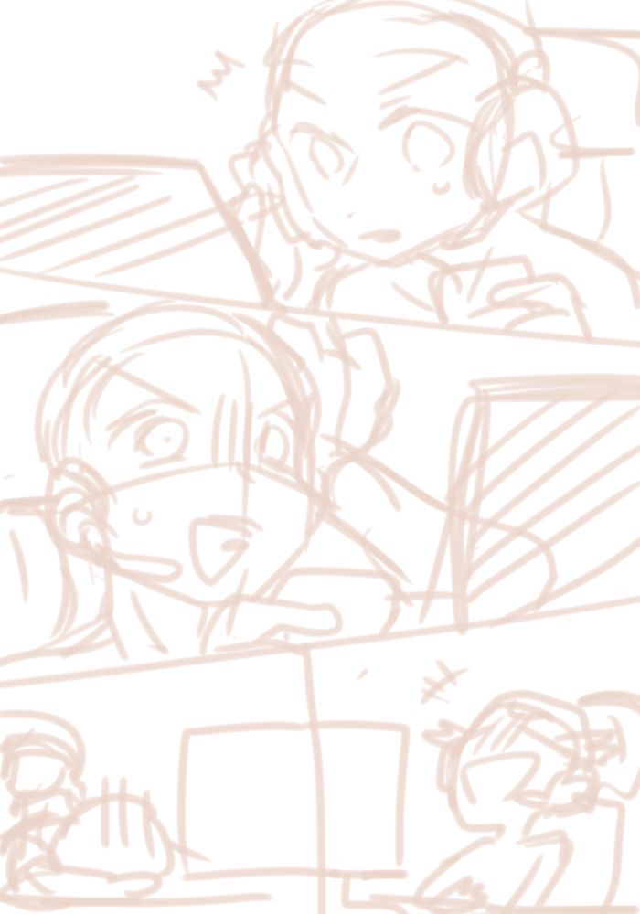 a sketch of two anime girls sitting at a table in front of computers. the girl on the left is wearing a headset and looking to the left as if she is talking to someone. the girl on the right is laughing. they appear to be friends and are having a good time. the drawing is done in a simple style.