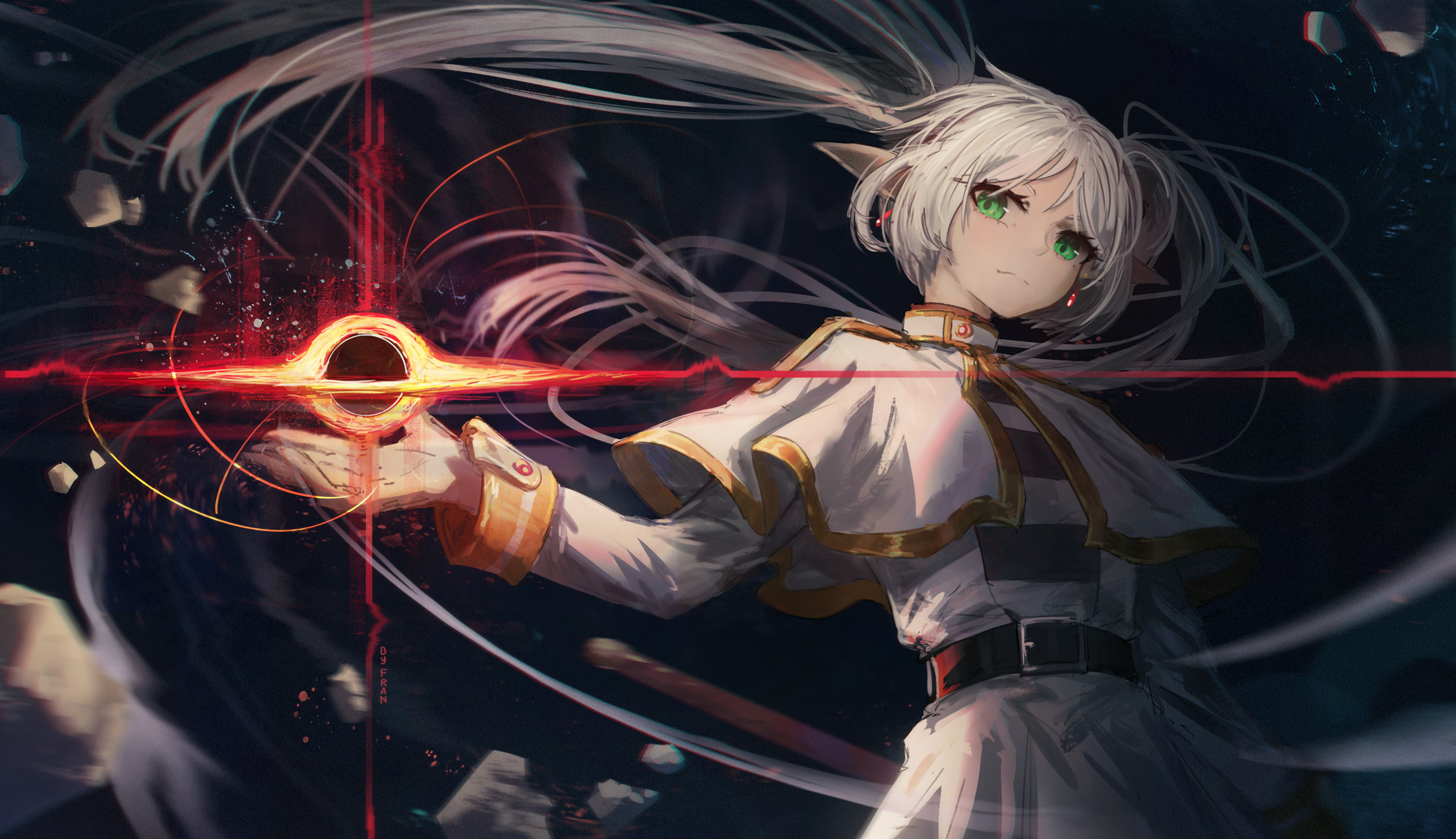 the image depicts a stylized animestyle female elf with long, flowing white hair. she has striking green eyes and is wearing a white dress with gold accents.  she holds out her hand towards a vibrant depiction of a black hole or a similar cosmic event, with an accretion disk glowing red and emitting energy streams. the scene is dark and dramatic, emphasizing the girl's power and connection to the cosmic phenomenon. the art style is painterly, with noticeable brush strokes and a focus on dynamic motion. the overall atmosphere is one of fantasy and science fiction blending together.