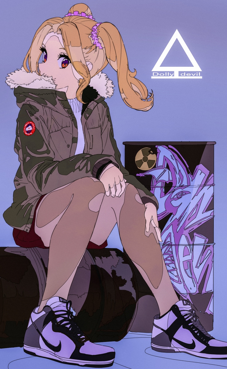 the image is a stylized digital illustration of an animestyle girl. she has long blonde hair in a high ponytail, purple eyes, and is wearing a camouflagepatterned parka with a furtrimmed hood. she's sitting on top of some industrial drums or barrels, one of which is covered in graffiti.  the graffiti includes a radioactive symbol. she's wearing nike dunk sneakers, and the overall color scheme is a pastel blend of purples and beige.  a minimalist triangle logo with "dolly devil" is in the background. the style is a mix of cute anime features with a slightly darker, urban, almost cyberpunk setting.