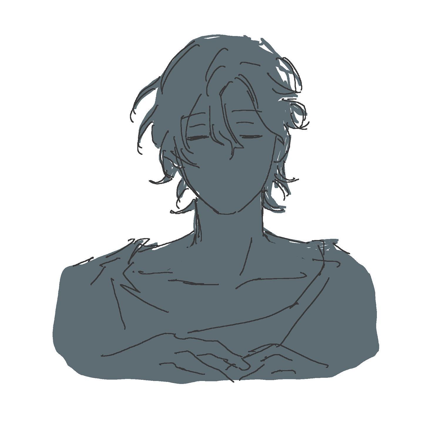 a stylized sketch of a man from the chest up. his eyes are closed, and his head is tilted slightly down. he appears to be in a state of quiet contemplation. the drawing is done in a minimalist style with loose, flowing lines.
