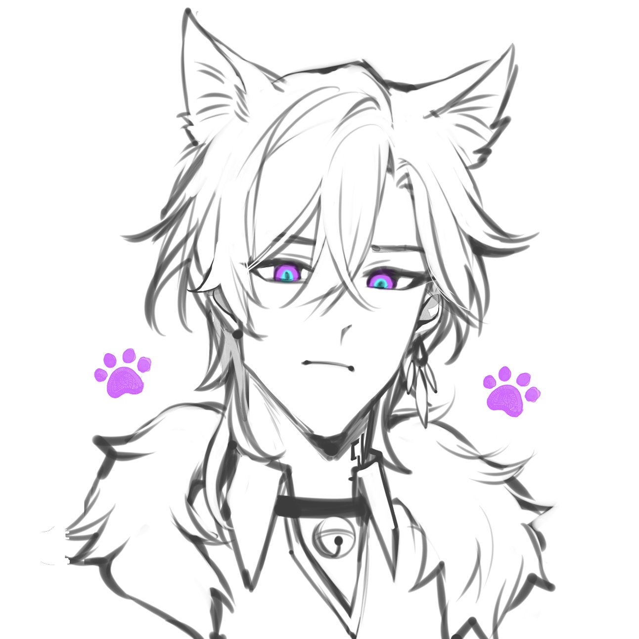 this is a sketch of an anime character. they have white hair, cat ears, and purple eyes. their outfit is simple with a collar and a bell. they have purple cat paws on each side of them.  the art style is a loose and sketchy style.