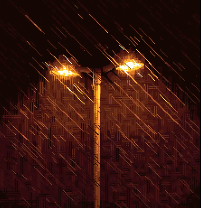 a pixelated image of a street light at night during the rain. the scene is dominated by dark colors, mostly orange and brown. the street light emits a bright yellow glow. the rain is represented by streaks of light at an angle.