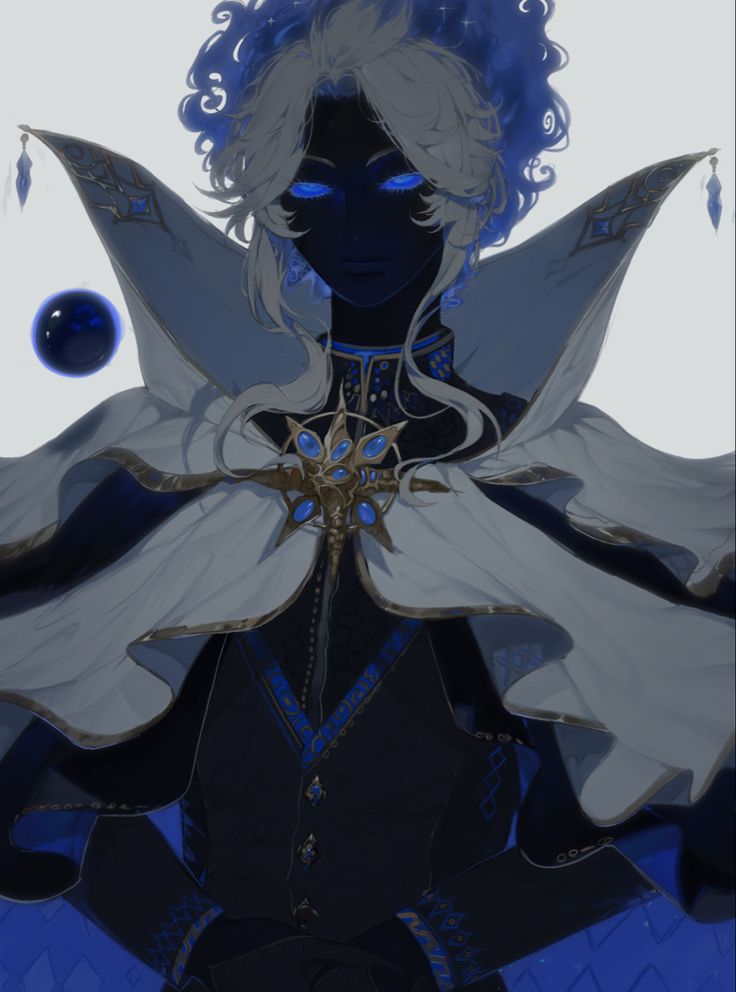 the image is a digital painting of an animestyle male character. he has long, white hair with hints of blue, and his skin is dark, almost black. his eyes are glowing bright blue. he wears an elaborate, ornate dark and light blue outfit with a large, flowing white cloak. the cloak is adorned with gold and blue detailing, and he has a large, ornate brooch on his chest.  he appears mysterious and magical, with a cosmic or ethereal quality to his design. a dark blue orb floats near his shoulder. the background is a simple, light gray. the overall style is elegant and detailed.