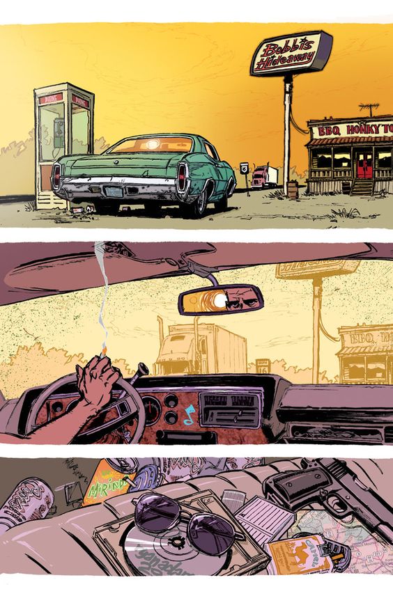 the image is split into three panels. the top panel shows a green 1970's era car driving down a road in the desert. the sun is setting in the background. there is a phone booth on the left side of the image and a diner on the right side of the image. the middle panel shows the interior of the car from the driver's point of view. the driver's hand is on the steering wheel. the bottom panel shows the interior of the car from the backseat. there is a gun and a cd on the seat.