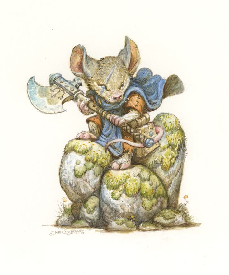 a watercolor painting depicts an anthropomorphic mouse warrior standing on a mosscovered rock formation, holding an axe. the mouse wears a blue cape and a tunic, and is equipped with gear suggesting a quest. the artwork is rich in detail, typical of fantasy illustrations.
