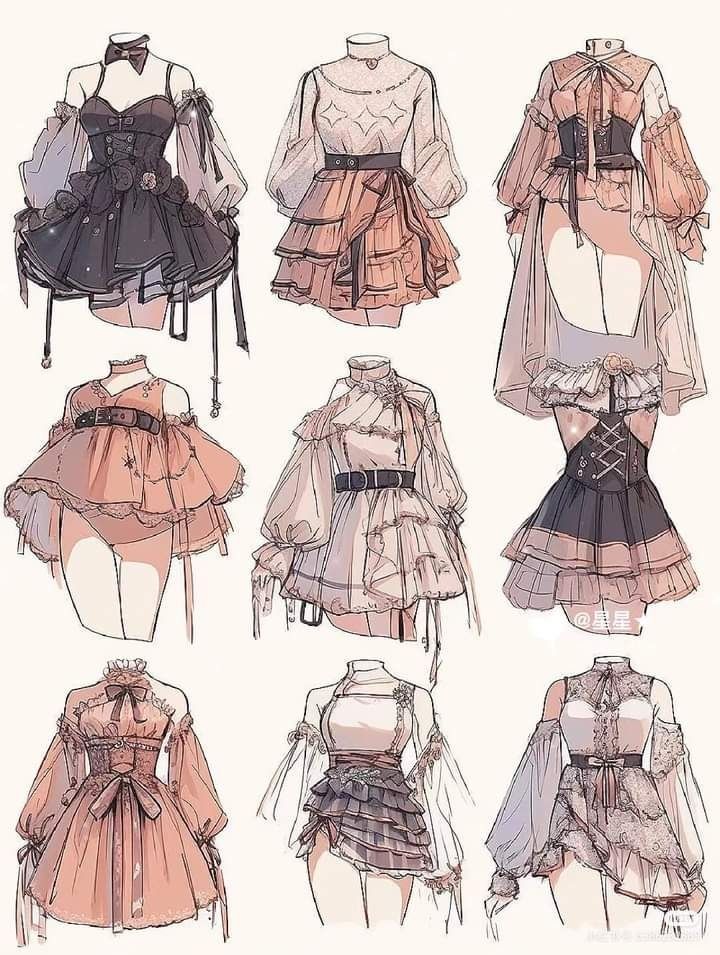 this image presents a collection of nine unique dress designs, showcasing a cohesive fashion style. each design features intricate details like ruffles, lace, and bows, pointing towards a feminine and romantic aesthetic. the color palette primarily revolves around pastel pinks and creams, further emphasizing the delicate and dreamy nature of the designs.