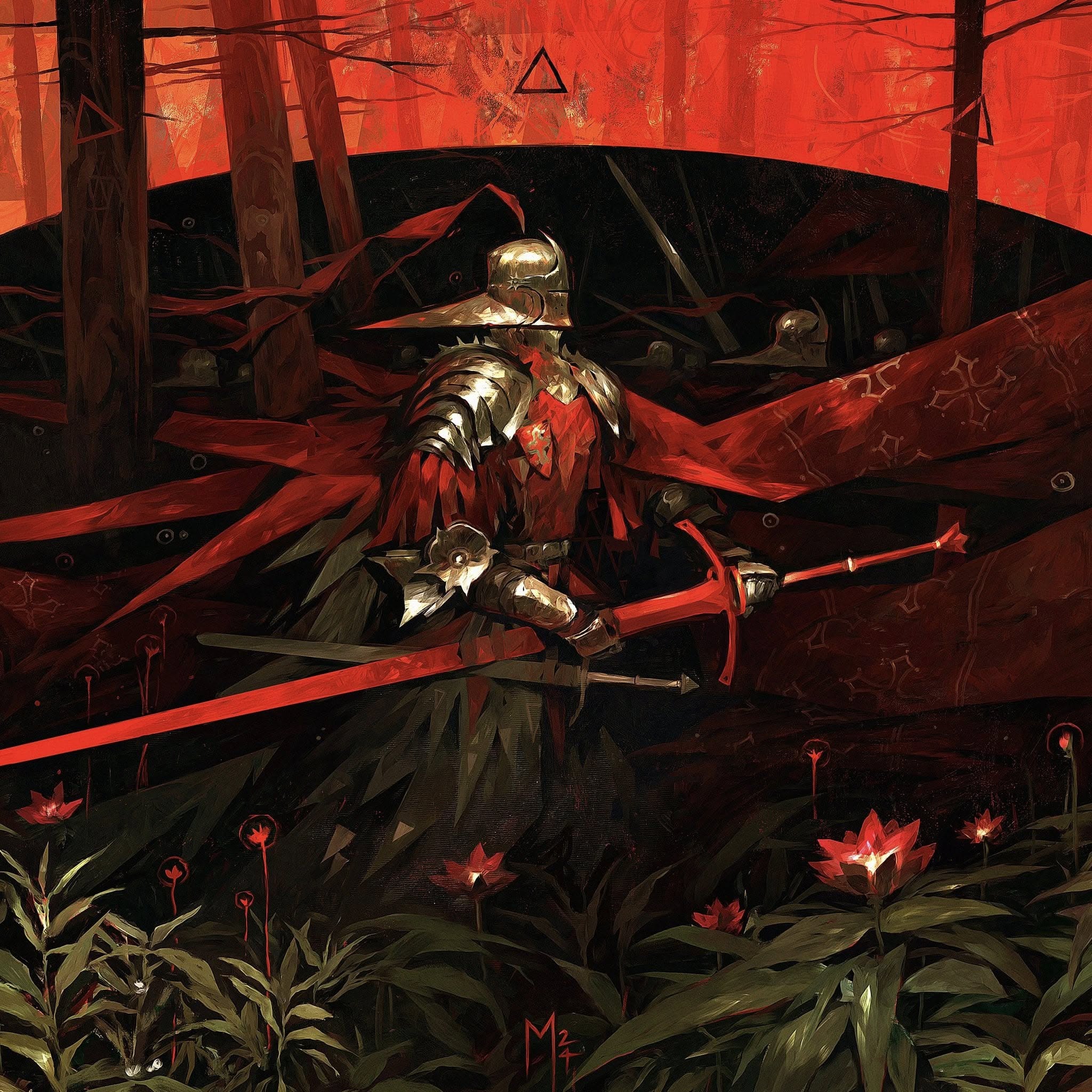 he artwork depicts a knight in full plate armor standing in a dark forest. he is draped in a long, crimson cloak, and wields a large, glowing red sword. the scene is bathed in a dark, red light, creating a moody and ominous atmosphere. the forest floor is overgrown with dark green plants and red flowers. in the background, other figures, possibly more soldiers, are partially visible. the overall style is dark fantasy, with elements of gothic and dramatic lighting. the image is highly detailed and evocative, suggesting a narrative of mystery and conflict.