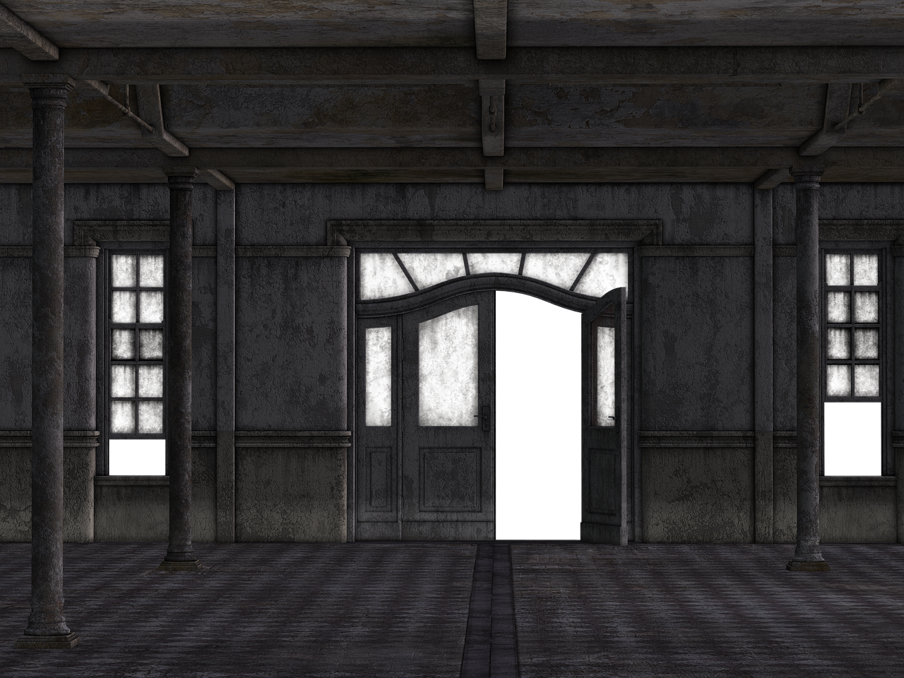an image of an abandoned, possibly haunted, building. the architecture suggests a southern style, with columns supporting a porch roof. a set of arched double doors are partially open, leading into complete darkness. windows are on either side of the door, also appearing dark and empty. the overall tone is spooky and unsettling.