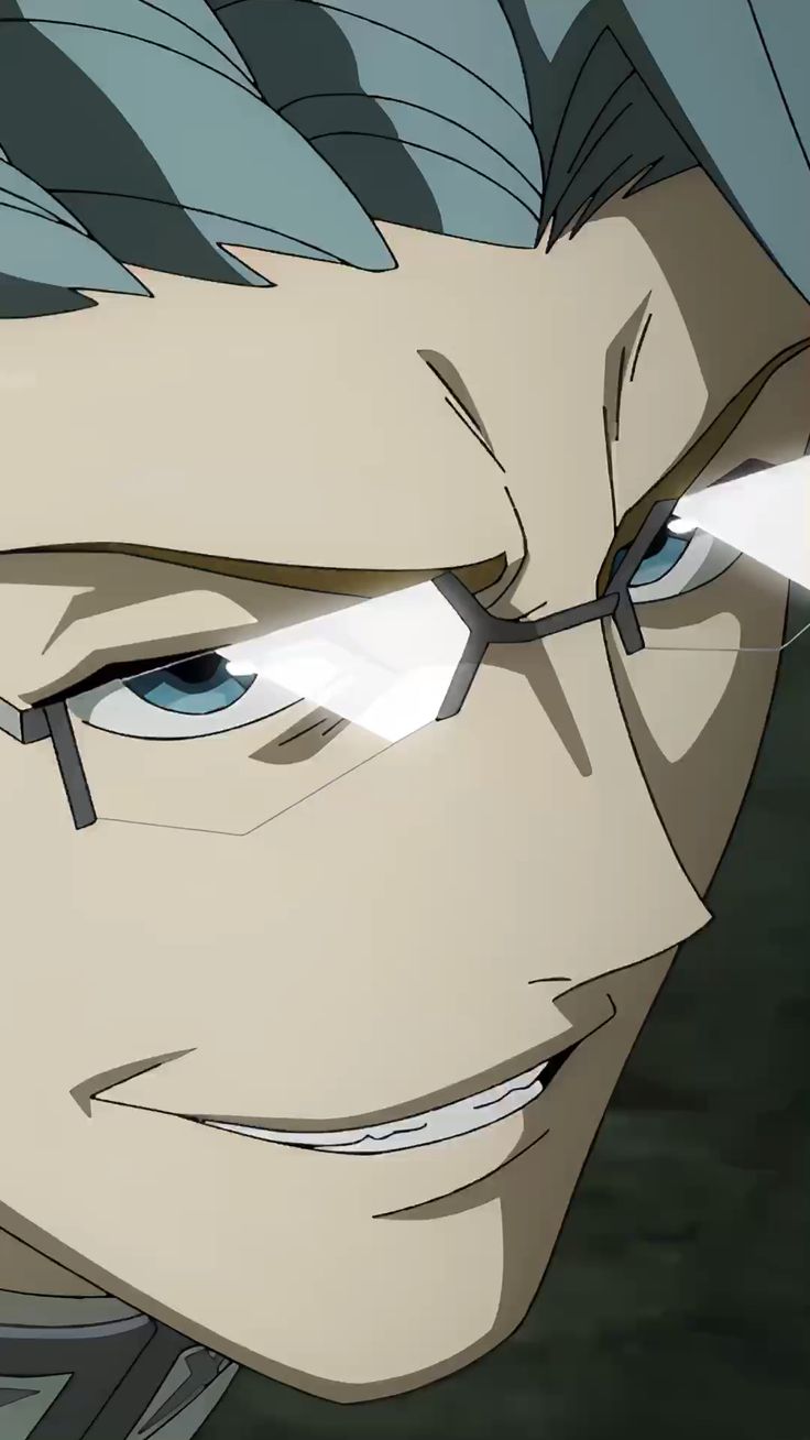 a closeup illustration of an anime man's face. he has grey hair, light skin, and blue eyes that are narrowed slightly, giving him a cunning expression.  he is wearing thin, rectangular glasses and has a smirk on his lips, revealing his white teeth.  the background is a dark, undefined space.