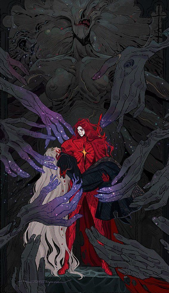 a dark fantasy illustration depicts a redhaired man in a red robe, emblazoned with a star, cradling a whitehaired woman. both figures are surrounded by numerous grasping hands, some purpletinged and speckled with starlight. above them looms a large, demonic figure. the scene exudes a gothic, macabre atmosphere with hints of blood and sorrow. the style is reminiscent of dark, ethereal art, blending supernatural and otherworldly elements.