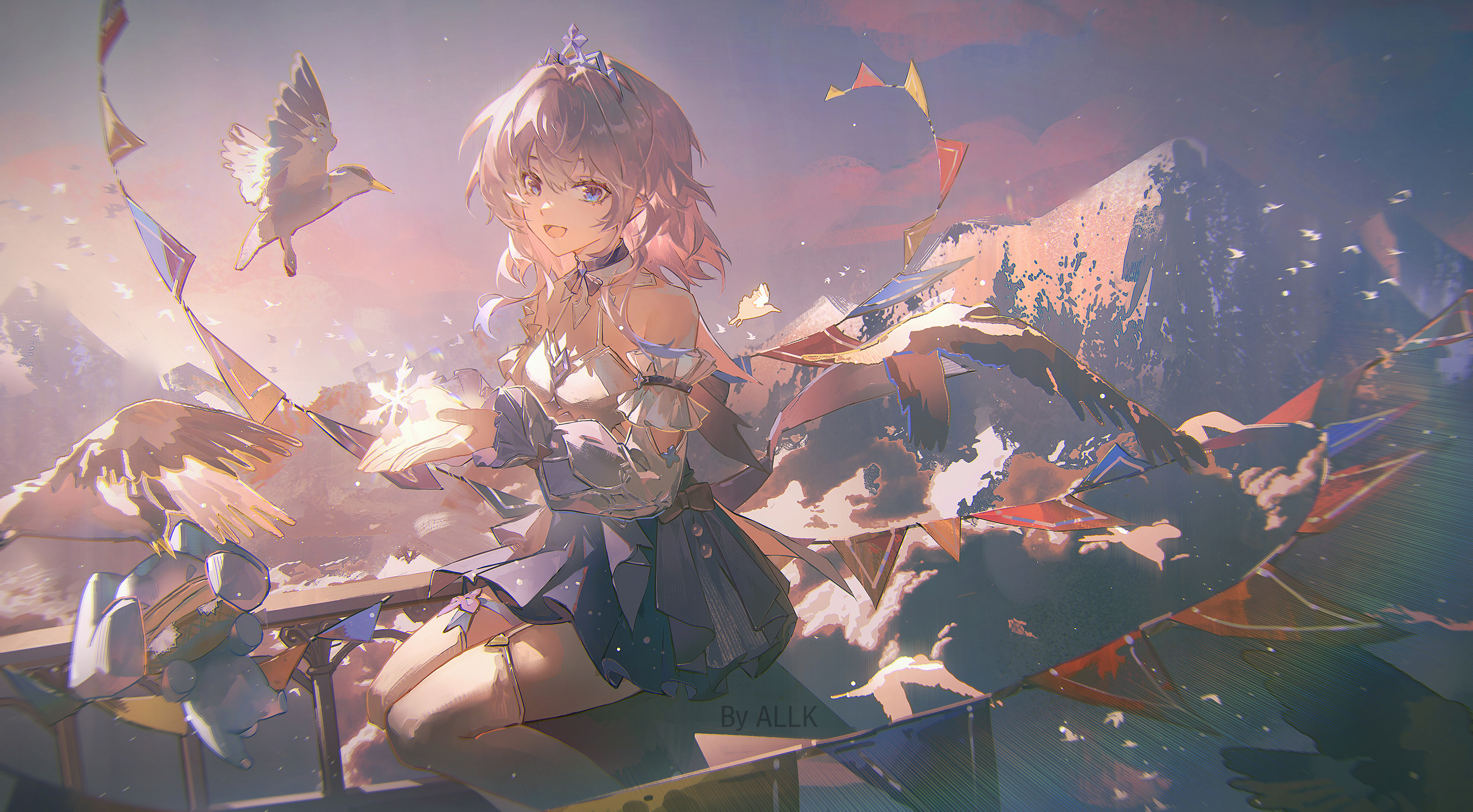 the artwork depicts a cute anime girl with short pink hair, wearing a light blue and white dress, perched on a railing overlooking a stunning mountainous landscape.  she's holding out her hands towards a glowing light, and several birds appear to be flying around her, interacting with her and possibly accompanying her. the sky is a vibrant mix of sunset colors, and colorful triangular flags or bunting are strung around, adding to a feeling of celebration or festivity. the overall style is soft, whimsical, and ethereal, with a painterly digital art quality. the girl's expression is joyful and peaceful, enhancing the serene atmosphere of the piece.