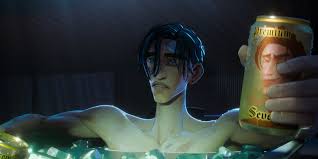 a stylized, animated male character with short black hair and a bandage on his face sits in a bathtub filled with money. he's holding up a can labeled "premium cerveja" which is likely an alcoholic beverage. the scene is lit with cooltoned, artificial light, creating a futuristic, cyberpunk atmosphere. the image is taken from a low angle, emphasizing the character and his surroundings.