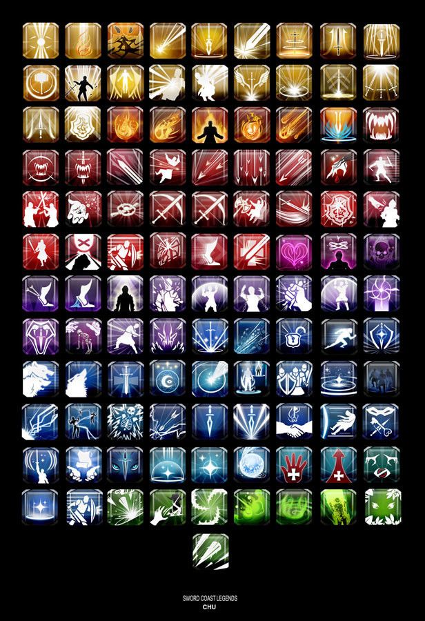 a collection of icons representing different skills and abilities from the game sword coast legends. they are arranged in a grid, with each icon having a different color and design. the icons are all set against a black background.  at the bottom of the image is a small logo for "sword coast legends" and the name "chu."
