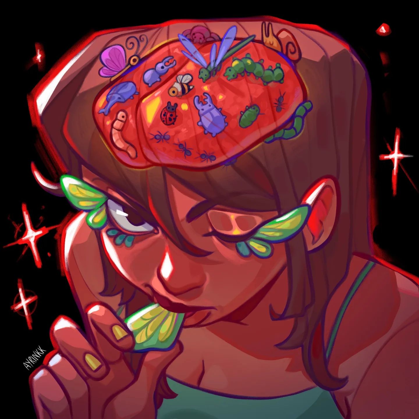 the illustration showcases a young woman with long brown hair. her head is adorned with a vibrant red headpiece, seemingly made of skin, teeming with a variety of colorful insects like butterflies, caterpillars, ladybugs, ants, and beetles. the insects are intricately detailed and realistically rendered within the fantastical context. the woman's face is painted with bright, stylized makeup mimicking the insect wings.  she is depicted in a closeup shot, her expression intense as she brings a lime wedge to her lips. the overall style is vibrant and surreal, blending realistic insect details with a stylized and imaginative presentation. the background is a deep black, contrasting the bright colors of the woman and her insectadorned headpiece. the overall mood is whimsical and slightly mysterious.