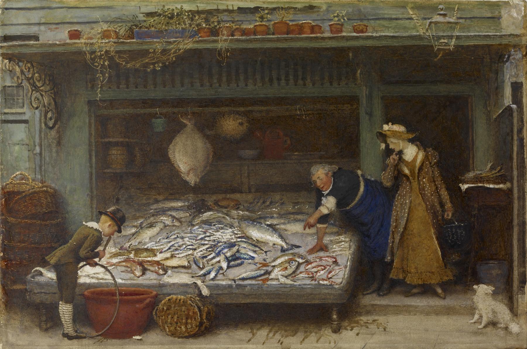 a painting depicts a fish market scene, likely from the early 19th century or the victorian era. a woman in a blue dress and apron stands behind a table covered in a variety of fish. she points towards the fish with her right hand. a welldressed woman in a long yellow dress and dotted coat stands beside her, looking at the fish. a young boy in a suit and hat is on the other side of the table, blowing air through a tube into a red bucket. a small white dog sits on the ground on the right. various baskets sit around the scene, filled with goods. the fish market is decorated with potted plants along the top of the storefront. a large flat fish hangs from the ceiling inside.