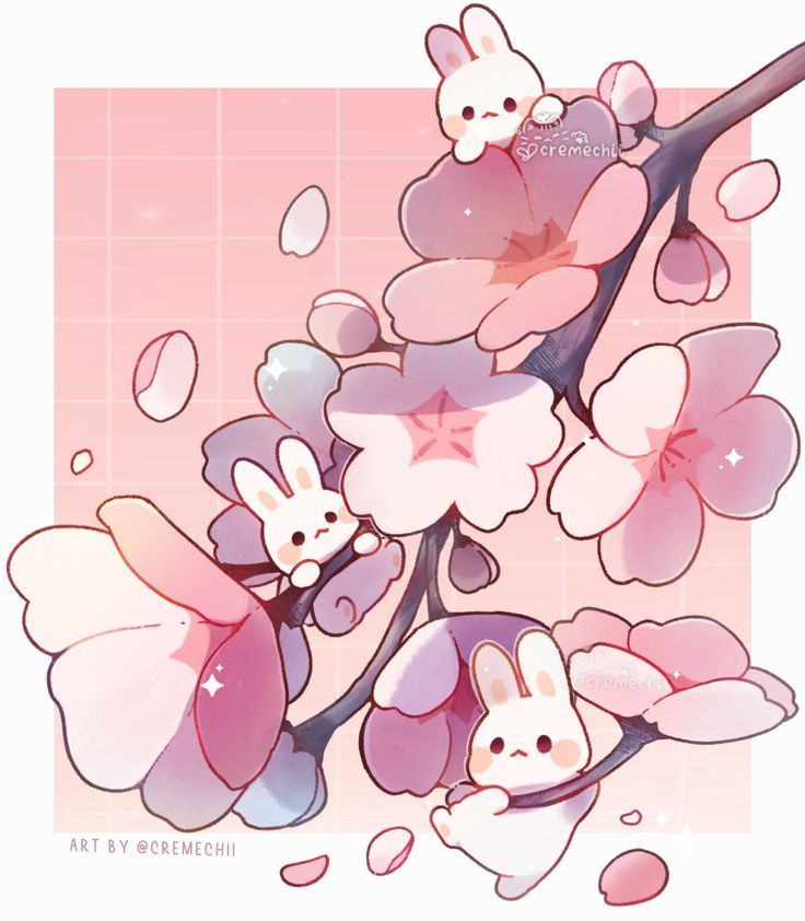 the image is a digital illustration in a kawaii style. it depicts three adorable, chibistyle white bunnies nestled amongst delicate pink cherry blossoms.  the blossoms are in various stages of bloom, with petals falling gently around the bunnies and the branch they are sitting on. the overall color palette is soft and pastel, creating a sweet and whimsical atmosphere reminiscent of springtime. the style is very smooth and clean, with a focus on soft shading and highlights.  the artist's signature, "@cremechii," is visible in the bottom left corner.