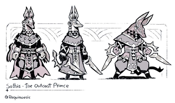 a black and white sketch illustration of a fantasy character design. the character is an anthropomorphic creature with a caninelike head and humanlike body. it has a long pointed snout, pointed ears, and is wearing a long, flowing robe with a cloak over it. the character is holding a sword and a dagger in its hands, and its eyes are narrowed in a serious expression. the illustration is drawn in a style similar to anime or manga, with bold lines and dramatic poses. it has a black and white color scheme with hints of purple. the background is a simple white panel. the character is named "sothis  the outcast prince."