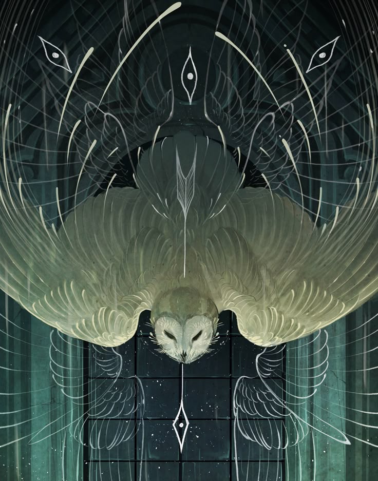 a digital painting depicts a large owl with its wings spread wide, hovering over a dark, tiled doorway or portal. the owl is the central focus, with its face prominently displayed and a diamondshaped symbol suspended below it. above the owl, abstract patterns and winged figures with eyelike motifs create a surreal and ethereal atmosphere. the color palette is dominated by dark blues, greens, and greys, with glowing white accents highlighting the owl's feathers and the surrounding design elements. the overall impression is one of mystery, spirituality, and the occult.