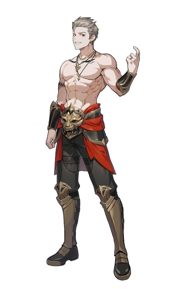 this is a digital art illustration of an animestyle male character. he is a warrior type character with a muscular build and is wearing armor on his legs, as well as a gold belt with a dragon emblem. he is standing with one arm raised as if holding a weapon.