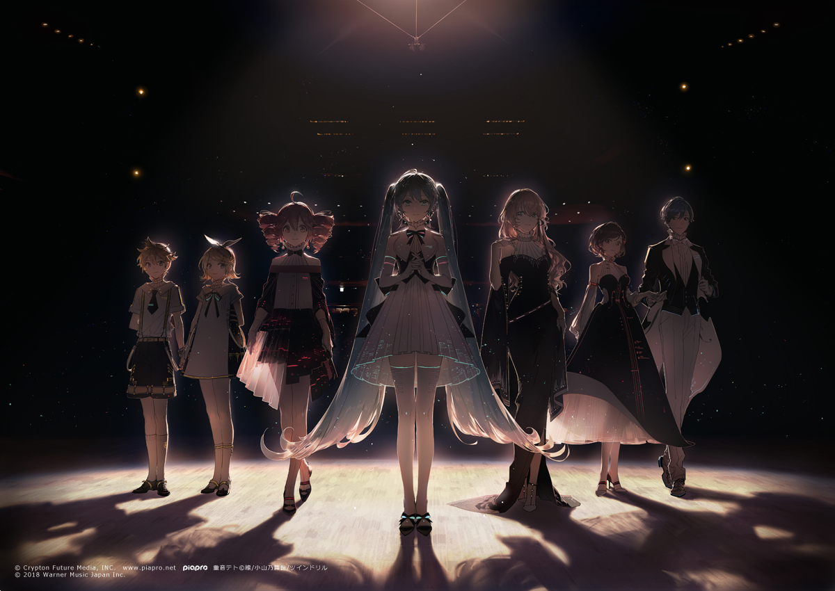 the image depicts a stylized illustration featuring various characters from the vocaloid franchise standing on a concert stage. hatsune miku is prominently positioned in the center, flanked by kagamine rin and len, megurine luka, meiko, and kaito. the stage is dimly lit, with spotlights illuminating the characters, creating dramatic shadows on the floor. the background is dark, suggesting a concert setting, with some faint light sources adding depth. the overall style is reminiscent of anime art, with detailed character designs and a soft, almost ethereal quality to the lighting.