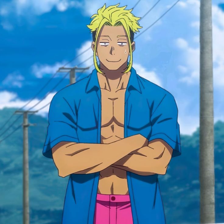 the image shows an anime character with blond hair and a muscular build, standing confidently with his arms crossed. he is wearing a blue shirt that is unbuttoned to reveal his muscular torso and pink shorts. he is smiling happily and appears to be in a good mood. the background is a beautiful summer day with blue skies, fluffy clouds, and green trees. the character seems to be enjoying a carefree moment outdoors.