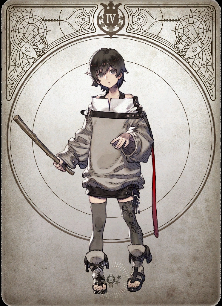 the image depicts a stylized drawing of a young woman in a tarot card format. she has short, dark hair and wears an oversized, offtheshoulder shirt, thighhigh socks, and sandals. a red ribbon is tied around one of her legs. she holds a wooden staff in her right hand and extends her left hand towards the viewer. the background features an ornate circular border with a roman numeral iv at the top. the overall color palette is monochrome, with shades of gray and beige dominating the image.