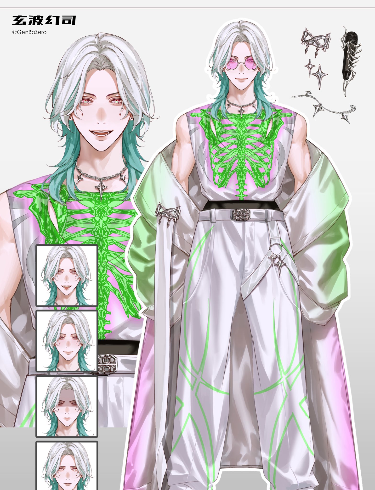 this image is a digital illustration of an anime character. the character is a young man with green hair and white highlights, white eyes with green eyeliner, and is wearing glasses. he has a pink shirt with a green skeletal design. the shirt is layered underneath a long white jacket with green accents and his white pants have green lines running down them. he has several accessories on, including a necklace and earrings. the background is a plain white background.  the character is drawn in a manga style.