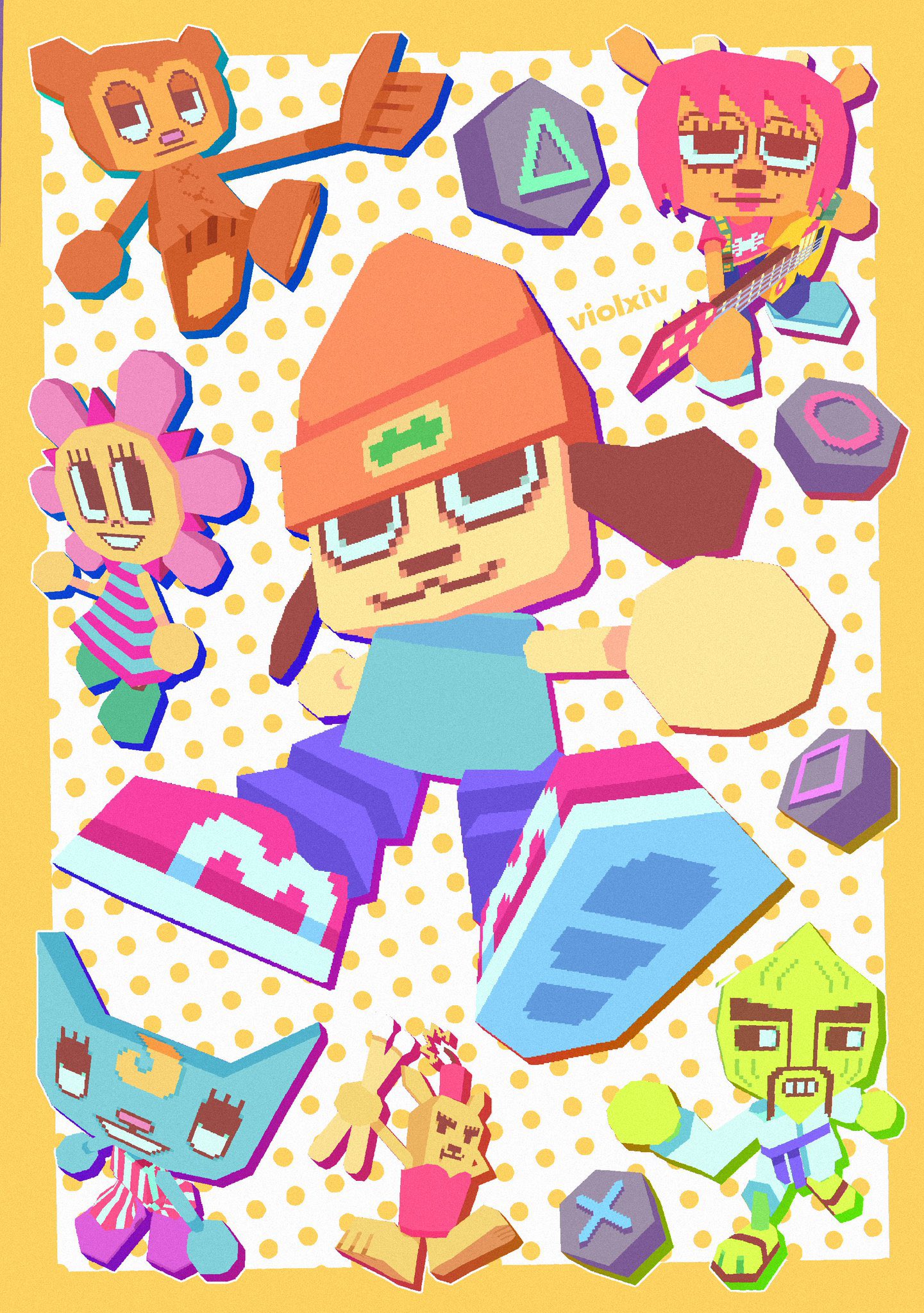this image showcases characters from the popular playstation game, parappa the rapper, in a vibrant and playful manner.  the iconic characters are rendered in a charming, pixelated art style reminiscent of the game's original aesthetic. the image captures the game's energy and quirky charm, appealing to a sense of nostalgia for fans of the classic rhythm game.
