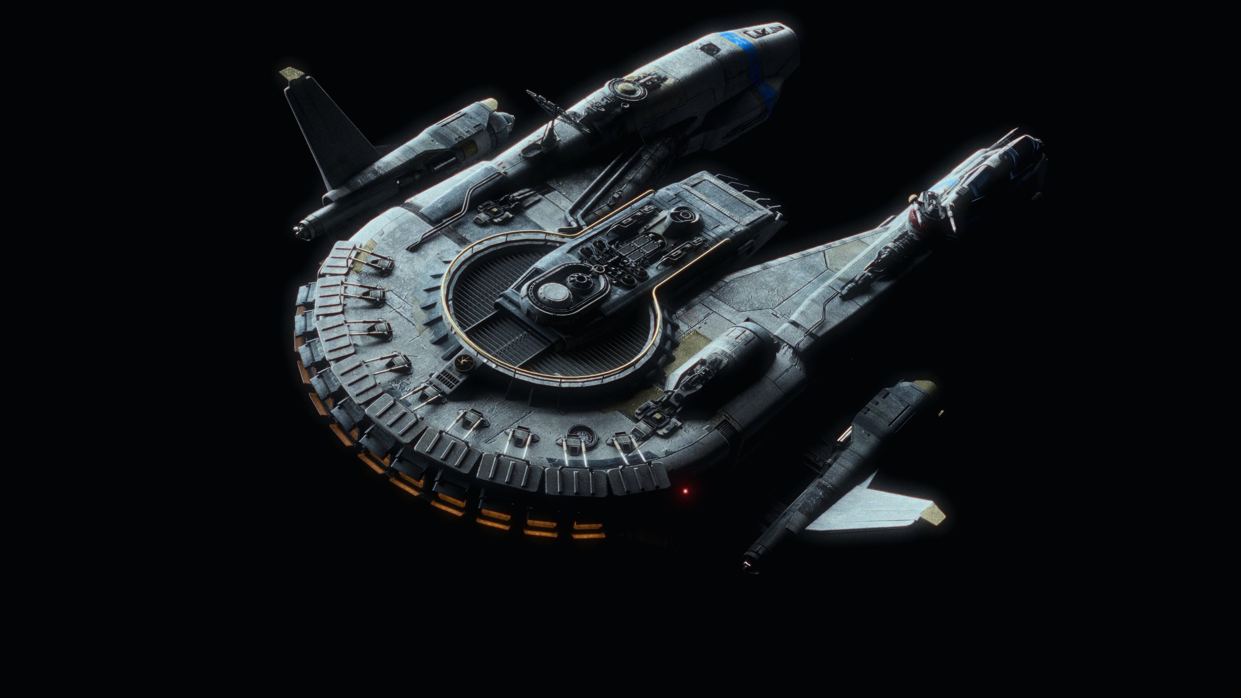 a detailed 3d rendering of a futuristic spaceship against a black background. the spaceship is predominantly grey and metallic, with intricate details visible on its surface.  it features a circular main body with wings extending to either side and a smaller, cockpitlike structure at the top. the image is highly realistic and evocative of science fiction.  lighting highlights the ship's details, emphasizing its textures and technological components.