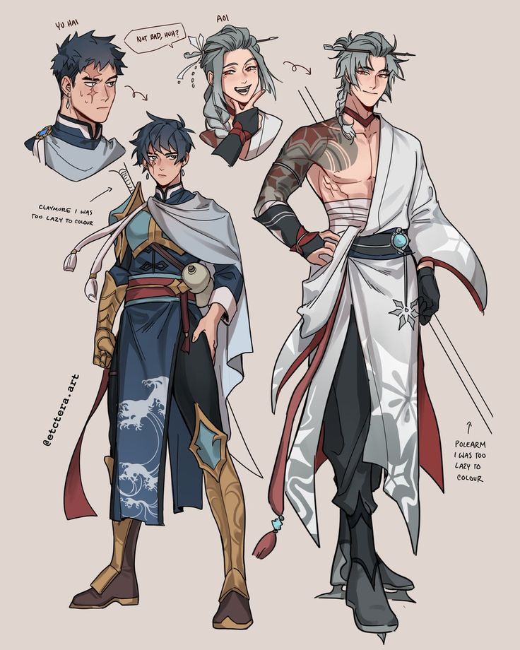 this is a digital drawing of two male anime characters. the characters are both dressed in elaborate clothing, with one character wearing a white and red outfit and the other wearing a blue and gold outfit. the character on the right is holding a polearm. the drawing is set against a simple white background.  there is text in the image identifying the characters names.