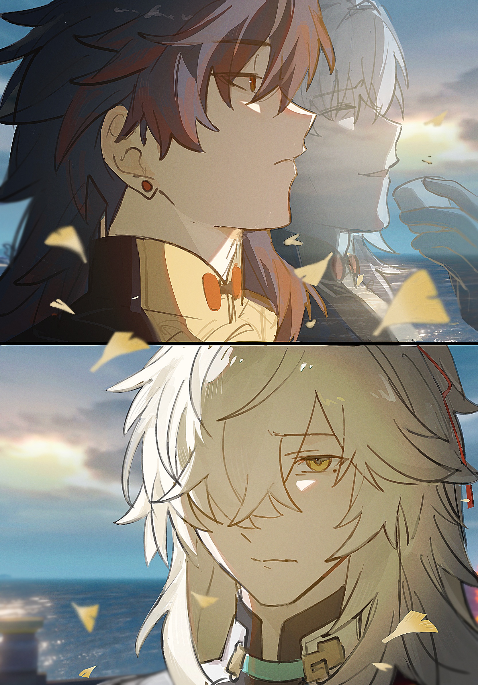 this is an anime illustration of two men. the top image features a man with long, dark blue hair. he is wearing a black suit jacket with a gold undershirt. he has red eyes and is wearing a red bow tie. he is looking up and to the side, and his expression is sorrowful.  the lower image features a man with long, white hair. he is wearing a blue shirt with a white collar and a gold necklace. he has yellow eyes and is looking down with a wistful expression. both men have a sad expression.  the background is of a seaside scene with a sunset and falling flower petals.