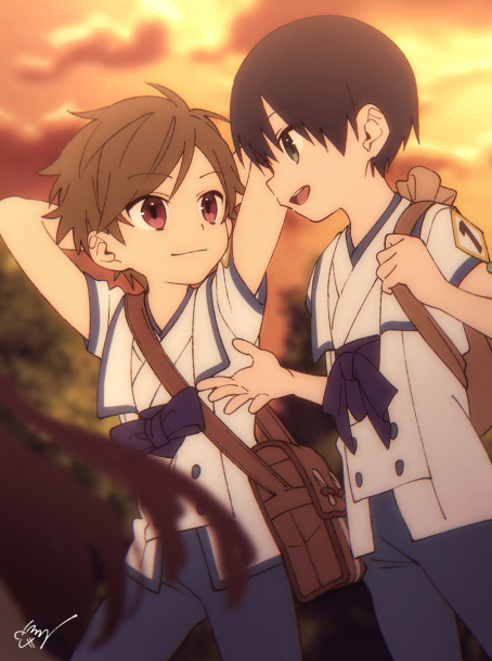 the image depicts two young animestyle boys in white school uniforms with blue accents. they are walking outdoors, likely on a path, against a warm sunset backdrop. the boy on the left has brown hair and red eyes, while the boy on the right has black hair and green eyes. both are smiling, suggesting a close friendship. they carry brown bags, possibly school bags, and the lighting casts soft shadows on their faces. the overall mood is cheerful and heartwarming.