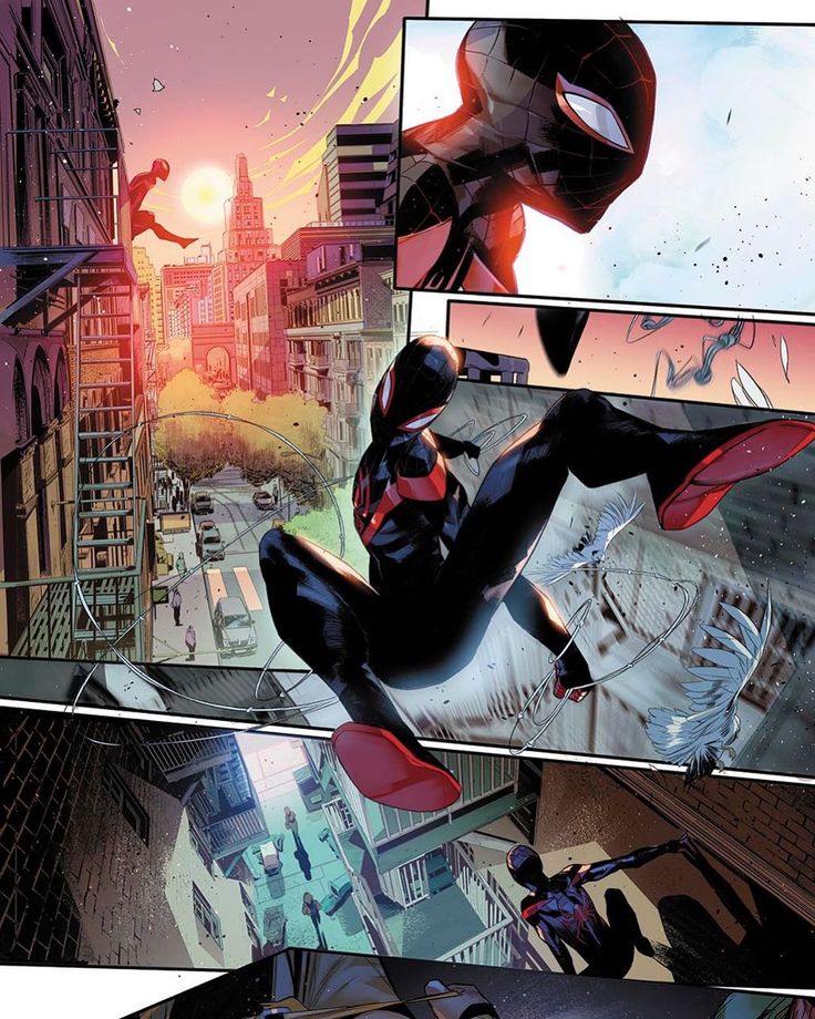 this comic book panel depicts miles morales, the spiderman of the ultimate universe, in the midst of action. he is webslinging through a cityscape, his black and red suit standing out against the night sky. the panel is divided into three sections, showcasing the different perspectives of the action. the top panel shows miles looking downwards, with a determined expression on his face. the middle panel depicts miles in midswing, his webline trailing behind him. the bottom panel shows miles as he lands on a building, his webshooters ready for action. the overall composition is dynamic, conveying the speed and agility of the superhero.