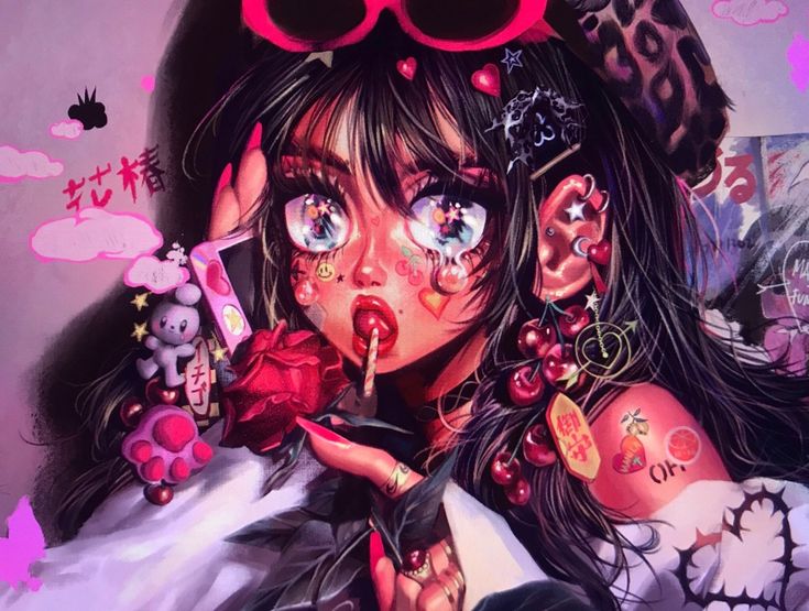 a digital illustration of a cute anime girl with black hair, pink and red clothing, and colorful stickers on her face. the girl has large eyes with pink and red accents and a cherry red lipstick. she is holding a red rose in her left hand and looking off to the side. there are cherries and other stickers around her, including a pink cloud with japanese characters.