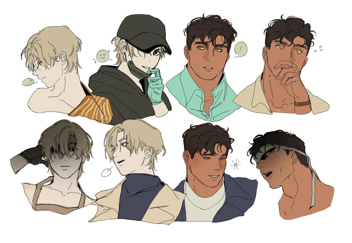 the image is a collection of character sketches, likely concept art for an anime, manga, or graphic novel. it features eight different male characters with diverse hairstyles, skin tones, and clothing styles.  each character is depicted in a headshot or closeup portrait showing a range of expressions. the art style is a blend of anime and a more westerninfluenced style, with soft shading and linework.  the characters wear casual clothes, some with distinctive accessories like caps and eyewear.  the overall tone is quite soft and varied in expression.