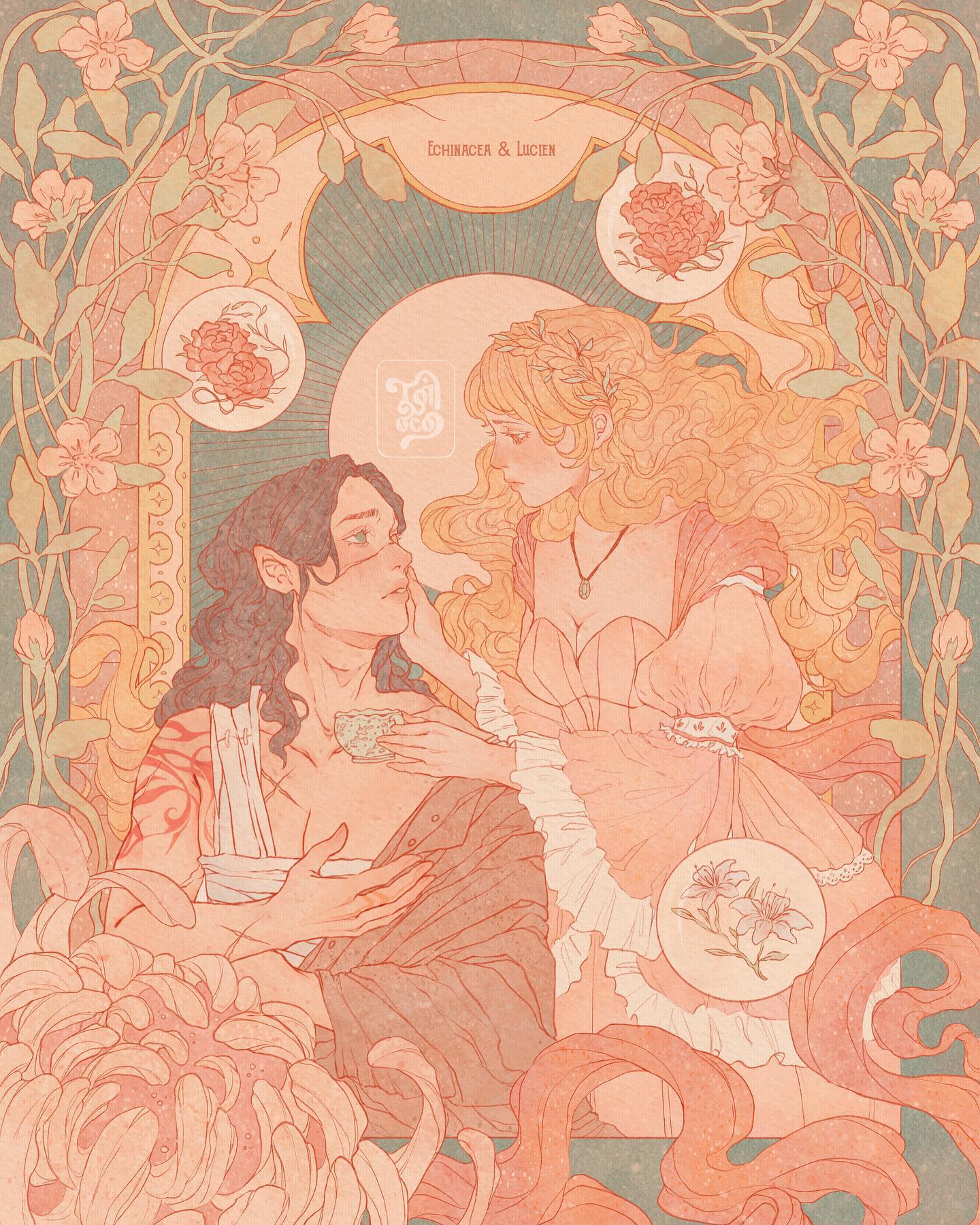 he image is a digital painting in the style of art nouveau and art deco. it depicts a romantic scene of a fairskinned woman with long blonde hair in a peachcolored dress embracing a man with dark hair and elflike ears, who is wearing a lighter peachtoned garment. they are positioned within an ornate frame decorated with stylized flowers, including chrysanthemums, lilies, and roses. the overall color palette is pastel, with shades of peach, pink, and muted green. the style is elegant and dreamy, creating an ethereal atmosphere. the title "echinacer & lucien" is subtly incorporated into the artwork. the woman's hand rests gently on the man's chest, and his hand rests on hers, suggesting tenderness and intimacy.  the details in the clothing and floral patterns are intricate and precisely rendered, typical of the art nouveau style.
