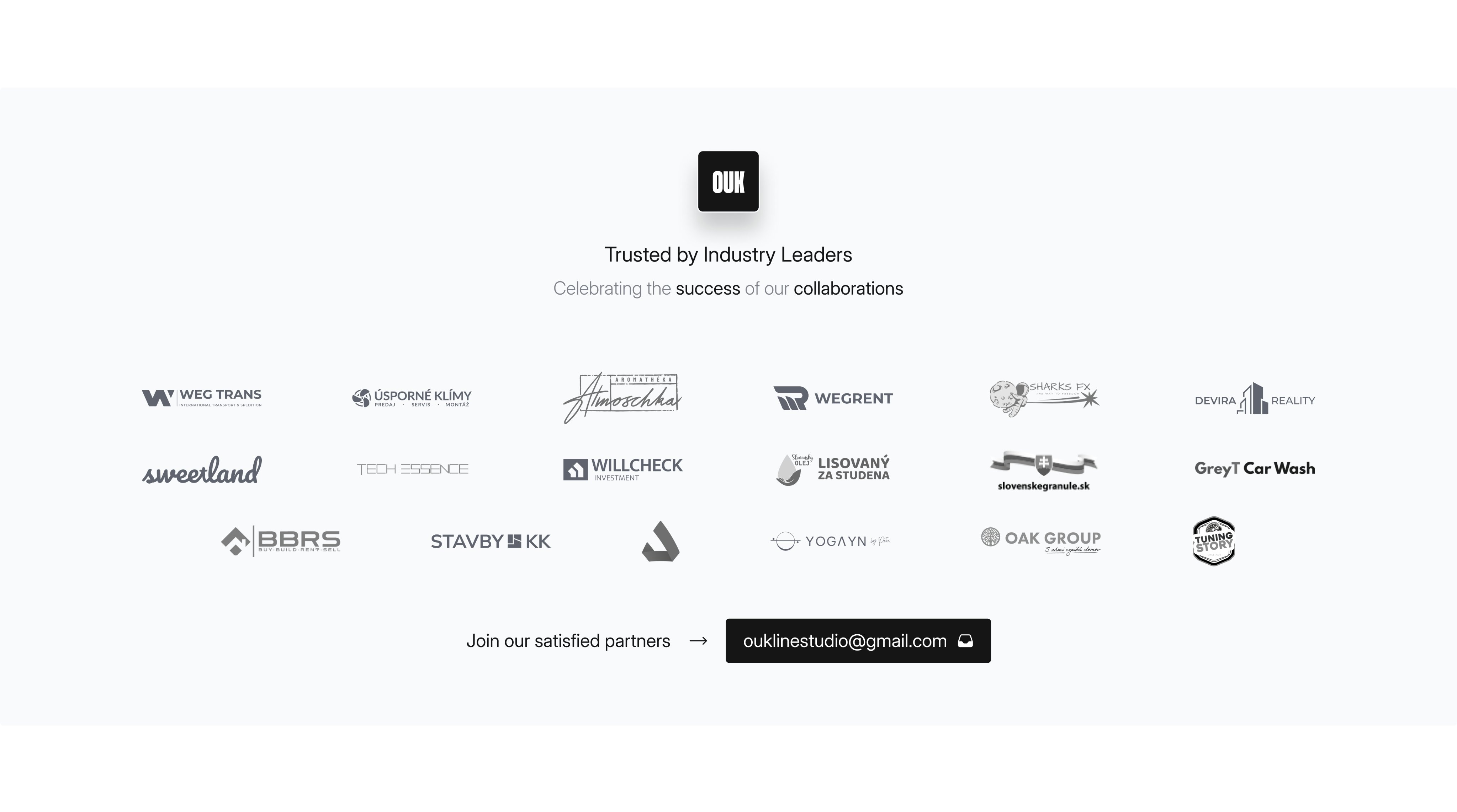 he image shows a website section showcasing logos of various companies, described as "trusted by industry leaders". the section celebrates successful collaborations with these companies.  the logos are arranged neatly, with contact information (email address) and a call to action ("join our satisfied partners") included at the bottom.  the overall design is clean and minimalist, featuring a predominantly white background and gray logos.  a small "ouk" logo is also present.