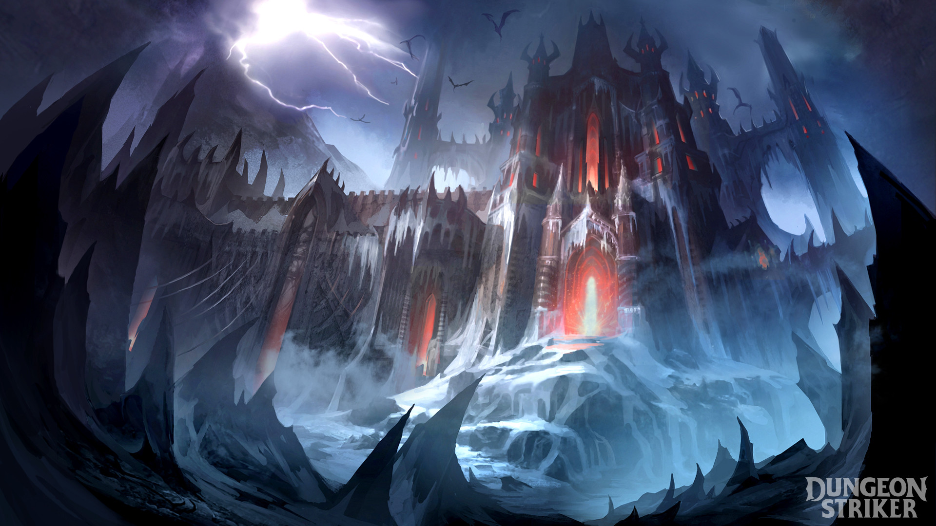 this is a digital illustration of a dark fantasy castle. the castle is made of dark gray stone and has multiple tall spires. there is an orange glow coming from inside the castle and the windows. the castle is situated on top of a snowy mountain and is surrounded by jagged, icy terrain. the sky is dark and stormy with lightning striking in the distance. there are at least two dragons flying in the distance above the castle.