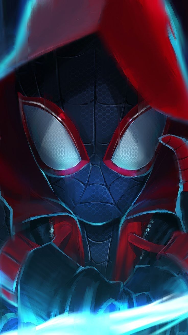 this is a digital illustration of spiderman, featuring his mask, a red costume, and the web shooter. the art features a vibrant color palette and depicts spiderman in action, with a web glowing in the foreground. the illustration captures a sense of energy and excitement, conveying spiderman's dynamic nature.