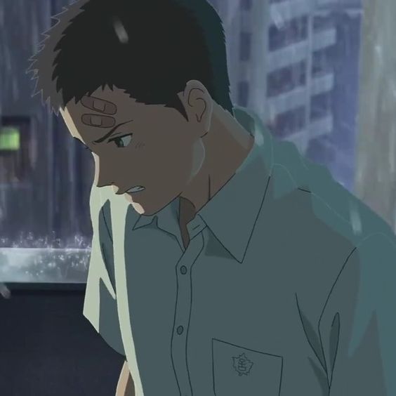 a closeup side profile of an anime boy with short brown hair and bandages on his forehead. he wears a light blue shirt with the top button undone. the background suggests an urban environment with a window reflecting the overcast sky and falling rain. the boy's expression is downcast and appears sad or troubled. the overall mood is somber and reflective.