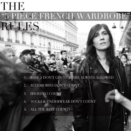 the image shows a black and white photo with text overlay. the text at the top reads "the '5 piece french wardrobe' rules". below the text is a photo of a street scene with people, including a woman wearing a leather jacket. a list is overlaid on the image, stating: "1. basics don't count & are always allowed 2. accessories don't count 3. shoes do count 4. socks & underwear don't count 5. all the rest counts". the image is likely related to fashion advice or a style guide.