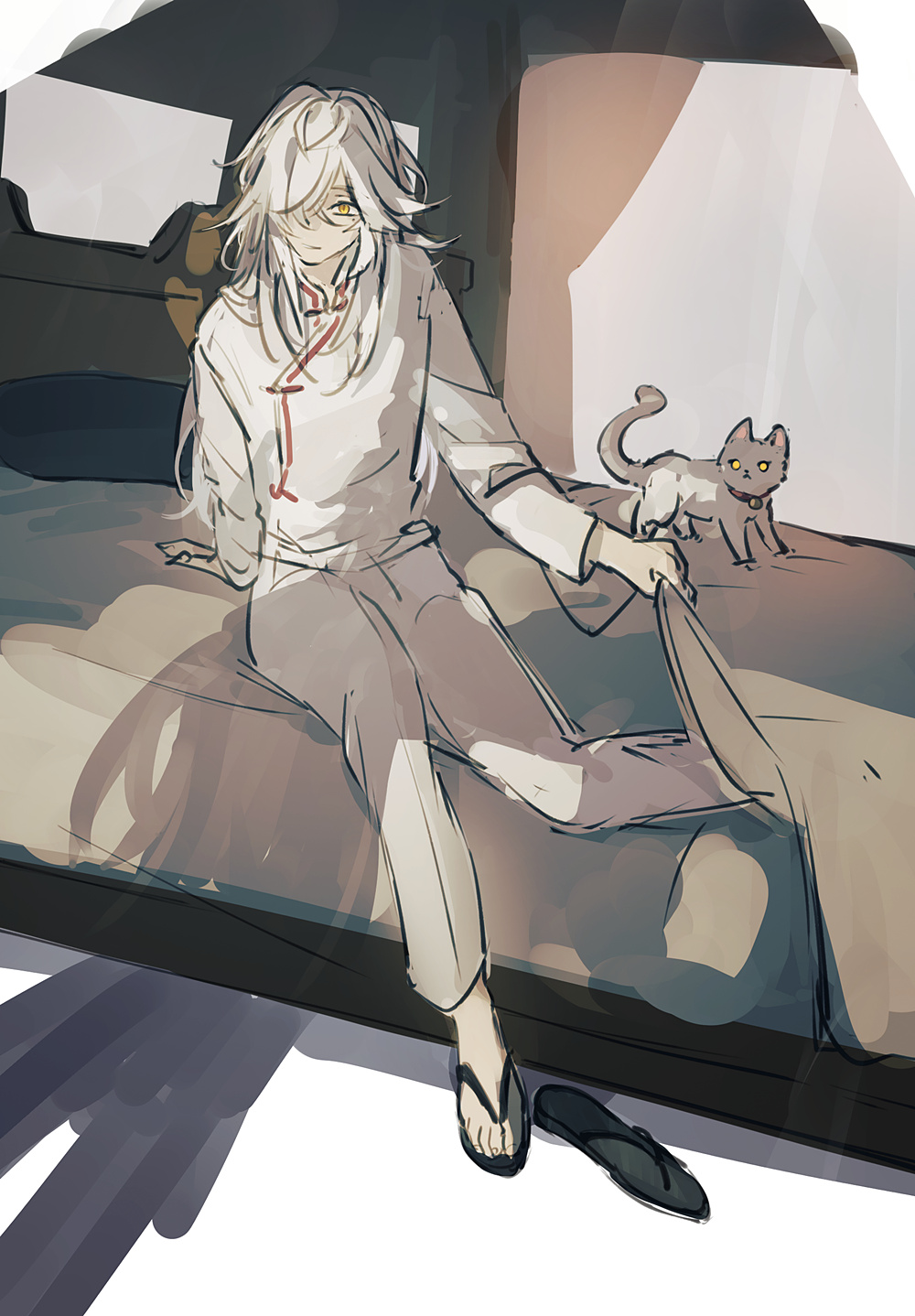 an anime boy with long white hair sits on a bed while a black cat sits next to him. he wears white clothes with red accents. the boy is sitting on a bed, and he has one foot in a slipper.  the background is blurry and only shows parts of the room, with the bed and a portion of the wall visible.