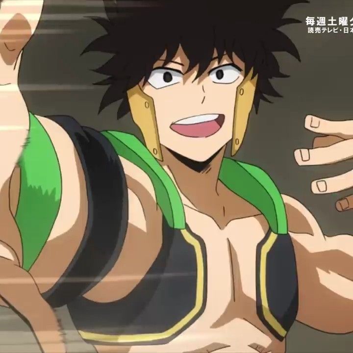 this is a digital illustration of midoriya izuku, known as deku from the anime series my hero academia. he is in his hero costume with a green and black suit with yellow highlights. he is posed with his right arm stretched out in front of him as if he is about to engage in action, with his left hand by his side. he has a huge smile on his face and he appears to be very excited and cheerful.