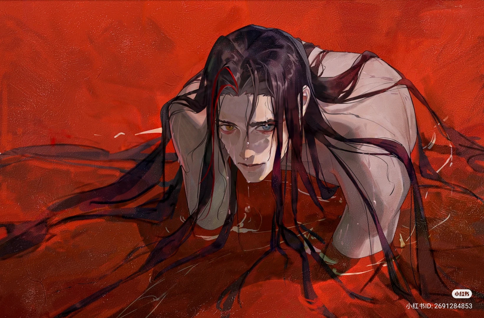 the painting depicts a handsome man with long black hair and heterochromia (one blue eye and one red eye) lying on a bloodred surface. he is shirtless, and his expression is intense, with a hint of a smirk. the lighting is dramatic, creating deep shadows and highlighting his muscular physique. the overall mood is dark and sensual, with a strong sense of fantasy.