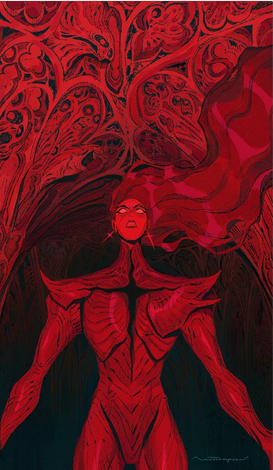 a red, demonic, and powerful woman stands against a backdrop of fiery red, intricate vines and foliage.  her fierce expression and angry eyes are a powerful symbol of her power. her armor is intricately detailed, suggesting a creature with supernatural abilities.