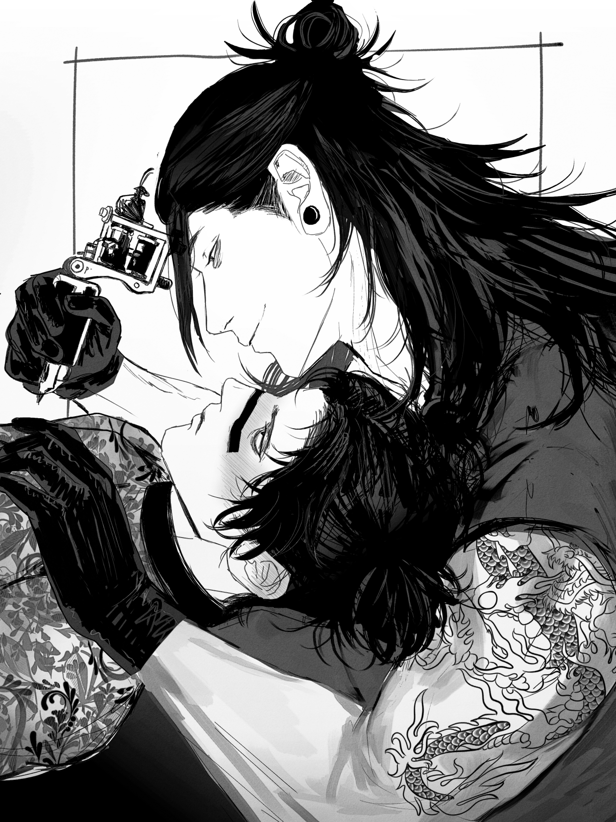 a black and white manga illustration of a man tattooing another man. the man tattooing is leaning over, his hand holding a tattoo gun, with a focused expression on his face. the man being tattooed is reclining with his eyes closed. the man tattooing has a dragon tattoo on his arm, and the man being tattooed has a flower tattoo on his arm. the illustration is in a gothic style with a dark background and dramatic lighting.