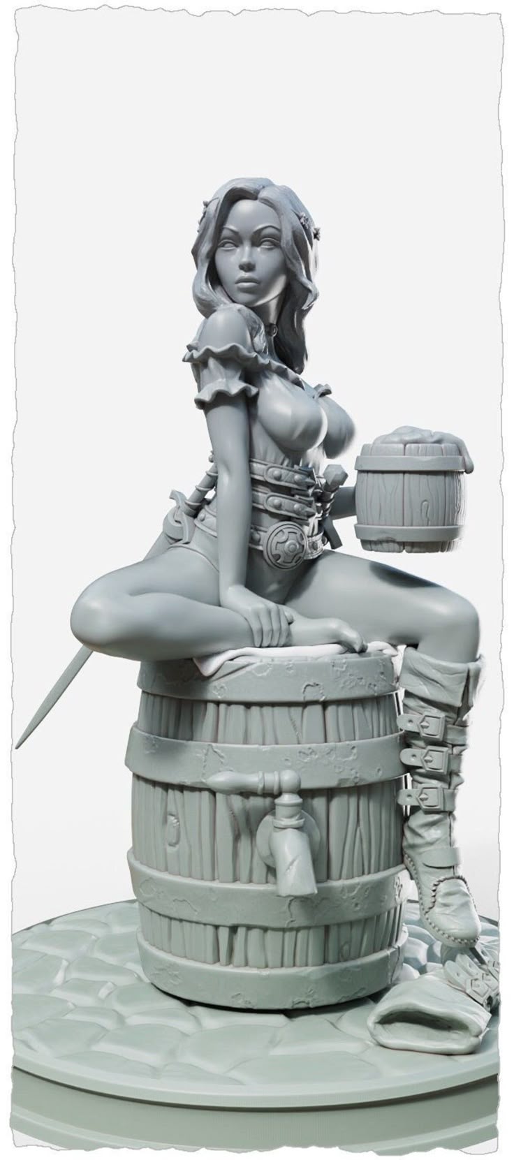 a greyscale figurine of a woman sitting on a barrel holding a beer mug. she is dressed in a medievalstyle outfit.