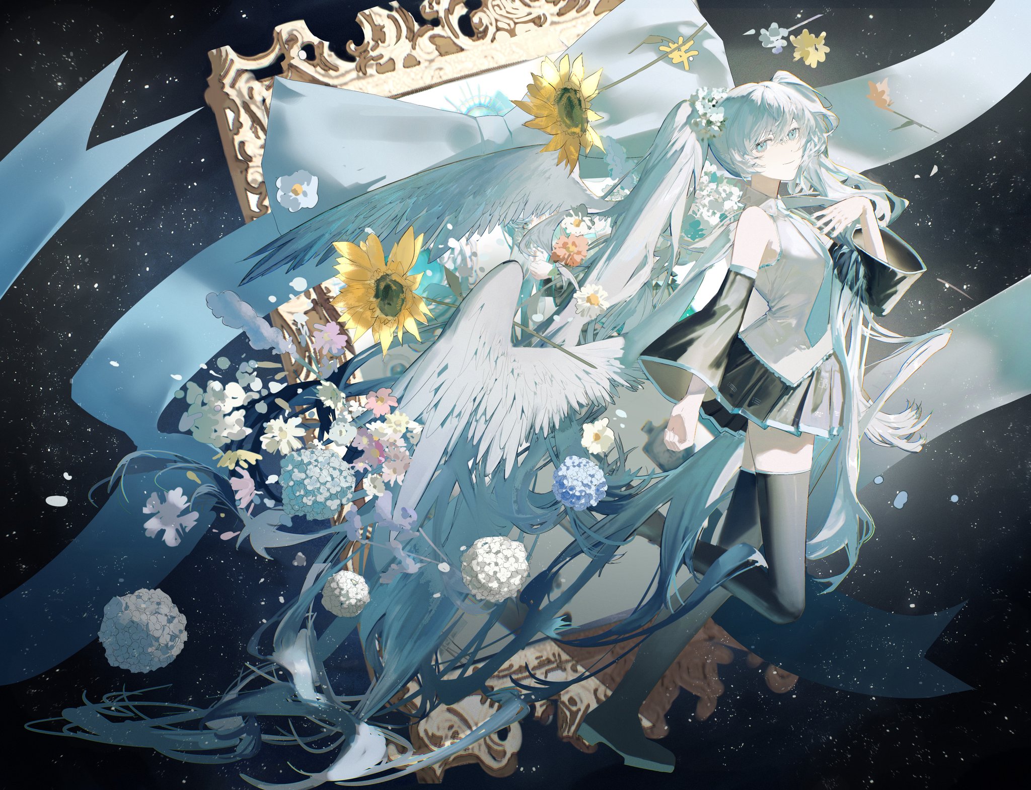 the image is a digital painting of hatsune miku, a popular japanese virtual singer.  she is depicted as a graceful anime girl with long, flowing turquoise twintails, wearing a lightcolored, somewhat schooluniforminspired outfit.  she has large, expressive eyes and is posed in a delicate manner.  she appears to have large, white feathery wings and is surrounded by a profusion of pastelcolored flowers, including sunflowers and hydrangeas.  the overall aesthetic is dreamy and ethereal, with a celestial backdrop of stars and a dark, spacelike atmosphere.  a gold ornate frame with a light blue bow adds a decorative element. the style is painterly and evocative, blending elements of fantasy and realism.